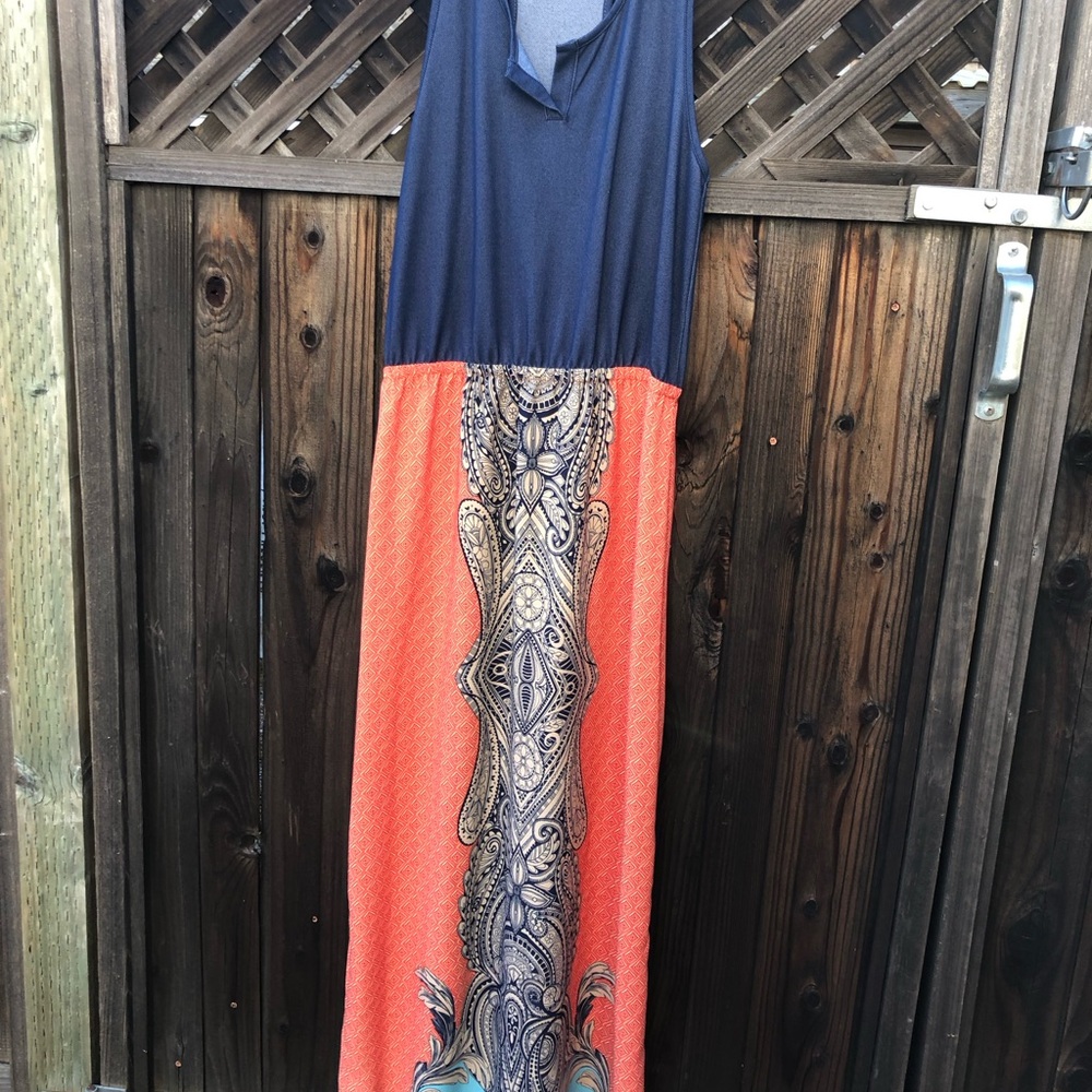Navy and Orange Maxi Dress, by Fraiche by J, sz M